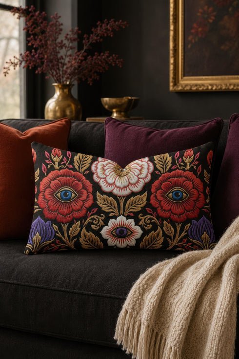 Evil eye lumbar pillow cover in black featuring a symmetrical folk art floral print. Two crimson red roses hold bright blue eyes at their centers, a white blossom below cradles a violet purple eye, and antique gold leaves, scrollwork, and pink buds frame the design. Purple tulips anchor the lower corners. Rectangular 20 x 12 inch cushion case with a hidden zipper and the double sided embroidered look design printed on smooth, soft, linen feel polyester fabric.