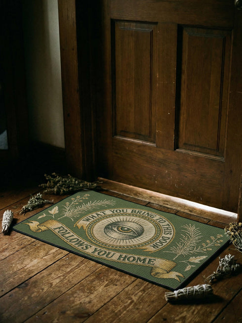 A rectangular doormat featuring a printed faux embroidery design on a muted olive green background. The symmetrical artwork centers on an all-seeing eye inside a circular medallion with a radiating sunburst pattern. An antique gold banner curves above reading WHAT YOU BRING TO THIS DOOR. A matching banner below reads FOLLOWS YOU HOME. The central eye is flanked by detailed botanical fern fronds and delicate wildflowers. The mat is finished with a sleek black fabric border trim.