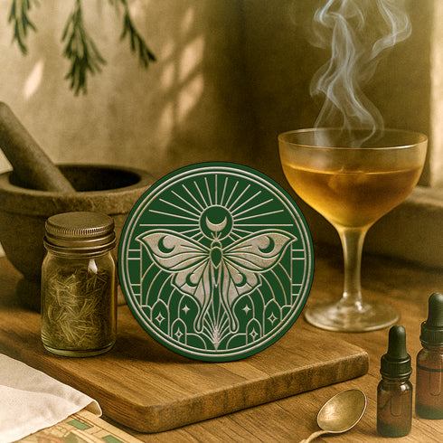 A round, dark hunter green ceramic drink coaster with a non-slip cork back. The top surface features an intricate, engraved-style celestial moth design in a light beige or off-white color. The luna moth is centered under a crescent moon and a radiant sunburst. The design is symmetrical and includes stars and geometric line art, evoking a gothic, witchy, and spiritual aesthetic. The coaster has a matte finish and is designed as a piece of functional art.