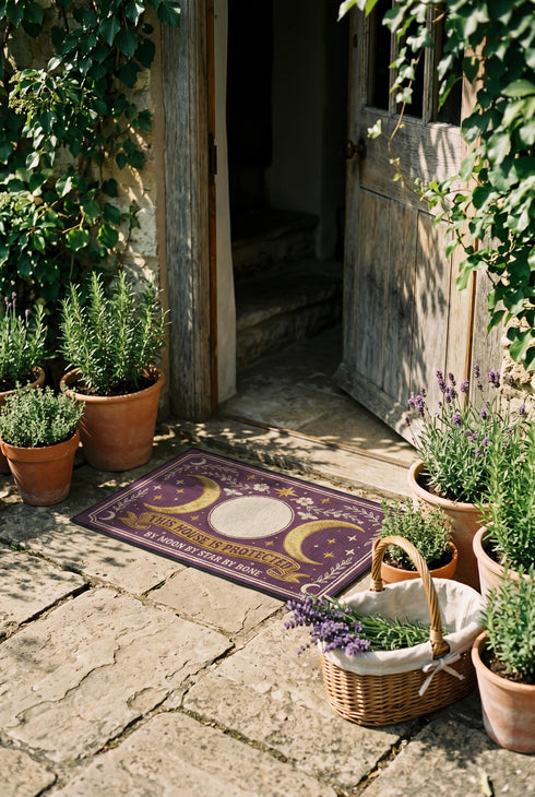 A rectangular doormat featuring a printed faux embroidery design on a deep plum purple background. The symmetrical artwork centers on a large cream full moon flanked by two golden crescent moons, creating a Triple Moon symbol. Above the moons are gold stars, cream flowers, and two small bees. Below, a golden scroll banner reads "THIS HOUSE IS PROTECTED" with "BY MOON BY STAR BY BONE" underneath. The mat is framed by cream leafy vines and finished with a black fabric border trim.