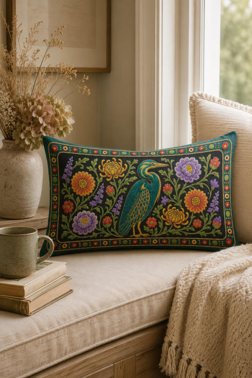 Heron lumbar pillow cover featuring a teal wading bird with gold detailing standing among orange marigolds, golden chrysanthemums, purple peonies, lavender sprigs, and coral red blooms with green foliage on a deep green black panel. A teal border with gold rope trim and a folk style band of red rosettes frames the design. Rectangular 20 x 12 inch cushion case with hidden zipper, the same tapestry look design printed on both sides in smooth, linen feel polyester fabric.