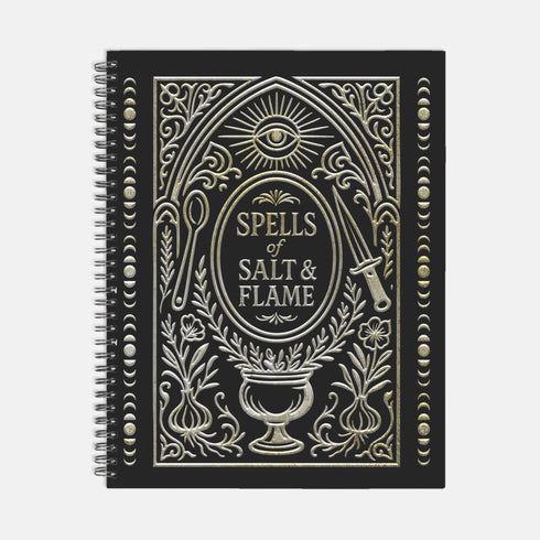 A black spiral-bound hardcover grimoire titled "Spells of Salt & Flame." The cover features an intricate, metallic-effect printed design in silver and gold with an All-Seeing Eye in an archway, flanked by a spoon and an athame. Botanical elements like garlic and herbs grow from a central chalice. The side borders are lined with celestial moon phase symbols. The journal is open, showing blank recipe template pages with fields for ingredients and instructions. The book measures 8.5 x 11 inches.