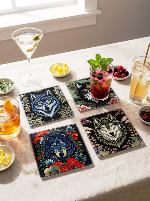 Set of 4 square tempered glass coasters featuring a mystical wolf design on a black background. High-gloss finish with non-slip rubber feet. Dark Academia and Whimsigoth aesthetic home decor. Close-up detail shows grey wolf fur texture and amber eyes. Durable drinkware protection for wooden tables. Grimoire and Goblet gothic luxury barware accessory for coffee tables and desks. Heat resistant glass surface with polished edges.