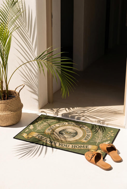 A rectangular doormat featuring a printed faux embroidery design on a muted olive green background. The symmetrical artwork centers on an all-seeing eye inside a circular medallion with a radiating sunburst pattern. An antique gold banner curves above reading WHAT YOU BRING TO THIS DOOR. A matching banner below reads FOLLOWS YOU HOME. The central eye is flanked by detailed botanical fern fronds and delicate wildflowers. The mat is finished with a sleek black fabric border trim.