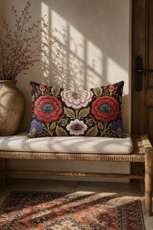 Evil eye lumbar pillow cover in black featuring a symmetrical folk art floral print. Two crimson red roses hold bright blue eyes at their centers, a white blossom below cradles a violet purple eye, and antique gold leaves, scrollwork, and pink buds frame the design. Purple tulips anchor the lower corners. Rectangular 20 x 12 inch cushion case with a hidden zipper and the double sided embroidered look design printed on smooth, soft, linen feel polyester fabric.