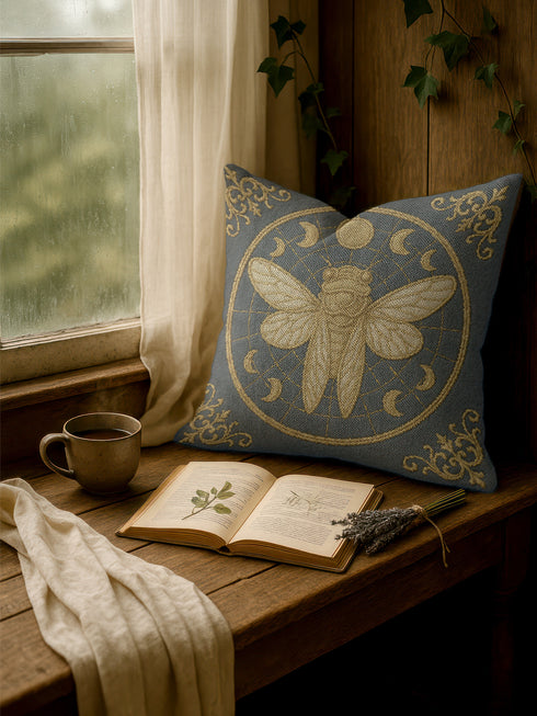 A square woven tapestry pillow in charcoal grey and metallic gold thread, exuding a premium, artisan quality. The central design features a large, detailed cicada, a key motif in entomology decor, encircled by celestial moon phases. This blend of mystical and dark botanical elements is ideal for Whimsigoth, Gothic, and Dark Academia aesthetics. Ornate Victorian flourishes in the corners complete this luxurious, double-sided piece of functional art, perfect as a statement pillow.