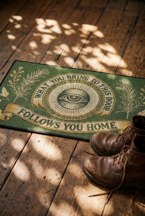 A rectangular doormat featuring a printed faux embroidery design on a muted olive green background. The symmetrical artwork centers on an all-seeing eye inside a circular medallion with a radiating sunburst pattern. An antique gold banner curves above reading WHAT YOU BRING TO THIS DOOR. A matching banner below reads FOLLOWS YOU HOME. The central eye is flanked by detailed botanical fern fronds and delicate wildflowers. The mat is finished with a sleek black fabric border trim.