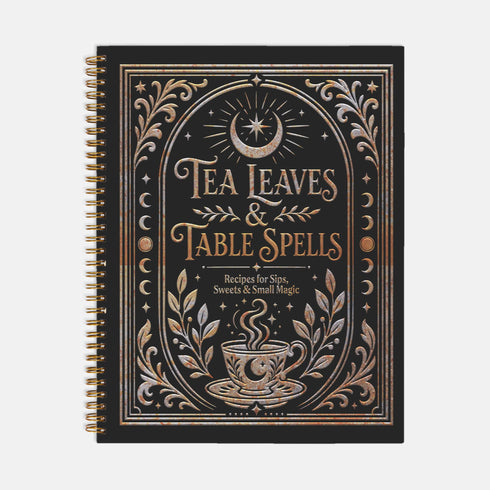 Spiral-bound recipe journal with a black cover and a metallic gold and silver design. The front reads Tea Leaves and Table Spells, Recipes for Sips, Sweets and Small Magic, framed by an arch, a crescent moon and star, moon phases, botanical sprigs, and a steaming teacup. The wire-O binding runs along one edge. Inside are blank fill-in recipe pages with lines for the recipe name, kitchen of origin, prep and cook time, servings, ingredients, and instructions.
