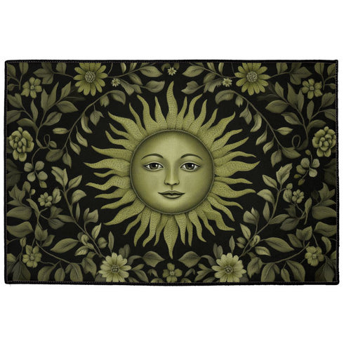 Witchy home décor doormat with an enchanting olive green sun face surrounded by flowing botanicals and foliage on a rich black background, ideal for adding earth-centered mysticism to any entrance.