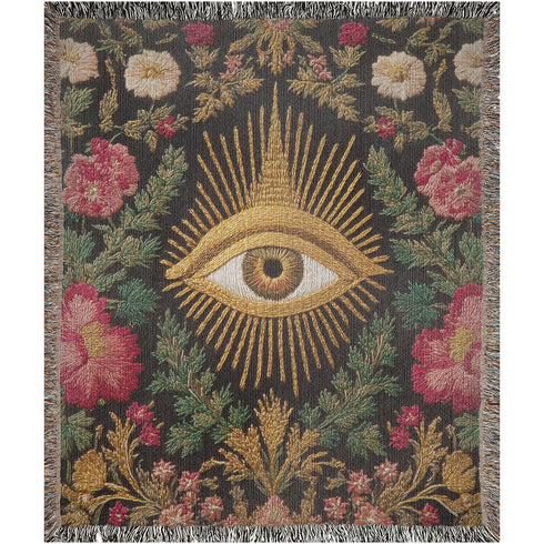 Drape your sanctuary in arcane elegance with our All-Seeing Eye woven cotton blanket. A talismanic piece of gothic botanical decor, this tapestry throw is a testament to woven sorcery, designed for the modern mystic and the discerning scholar of the esoteric.
Behold the celestial gaze of the All-Seeing Eye, rendered in radiant gold and rich earth tones, a timeless symbol of wisdom, intuition, and divine protection. This is not a printed image, but an intricate tapestry jacquard-woven from 100% pure, dyed c