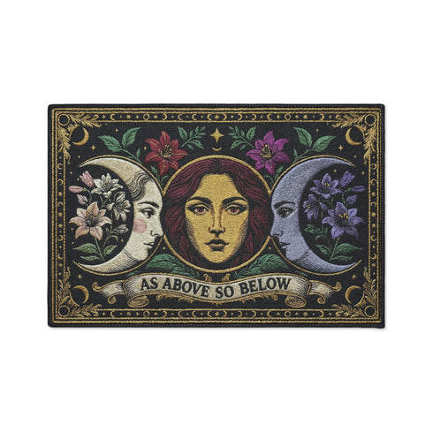 A triple moon doormat featuring the sacred symbol of maiden, mother, and crone, rendered in antique gold on a black ground with botanical detailing—designed for witchy homes, Wiccan spaces, and those drawn to divine feminine symbolism