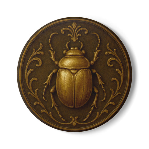 Round ceramic coaster featuring a raised bronze-tone scarab beetle and ornate filigree motif on a matte dark brown glazed surface; 4-inch diameter; backed with cork for non-slip protection; heat-resistant and easy-wipe; perfect for hot or cold beverages in mystical, dark-academic, or antique-inspired interiors.