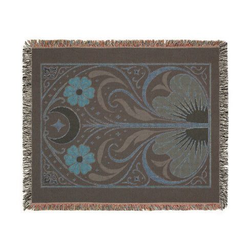 Art Nouveau Celestial Moon Throw Blanket - Gothic Botanical Decor - Woven Cotton Art Tapestry