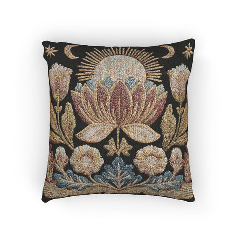 Woven tapestry pillow, 17" x 18", showcasing a radiant sun above a lotus with crescent moons and florals in gold, berry, and teal on black. Artisan-woven 58% cotton, 42% polyester; stuffed with soft polyfill. Sewn-shut construction; pattern duplicated on both sides. Luxe, symbolic woven pillow for celestial décor, dark-academia styling, and enchanting living spaces.