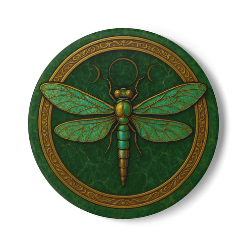 Round ceramic coaster featuring a raised gold-tone dragonfly relief and ornate border on a deep green glazed surface; 4-inch diameter; backed with natural cork for non-slip stability; heat- and cold-resistant; easy-wipe ceramic top; ideal for mystical, botanical, or occult-inspired tabletops.