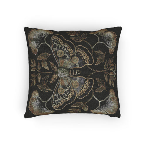 A square decorative pillow featuring an intricately detailed Luna moth in sage green and olive tones on a black background. The moth is centered in a symmetrical arrangement with ginkgo-like leaves and botanical elements surrounding it.