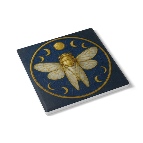 Round ceramic coaster featuring a central gold cicada and moon-phase design on a deep blue glazed surface; smooth ceramic top with natural cork backing for non-slip protection; 4-inch diameter, suitable for hot or cold drinks, easy to wipe clean, ideal for mystical, botanical, or occult-inspired home décor.