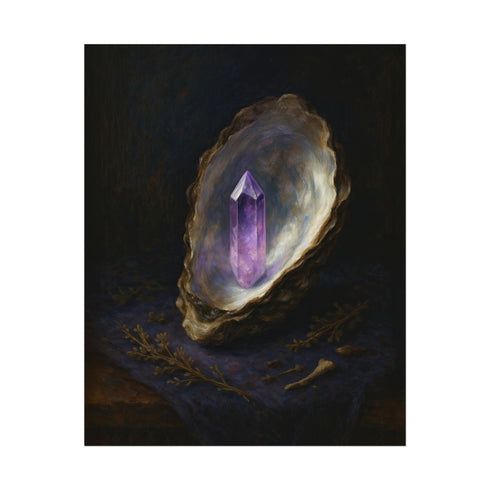 Fine art print featuring a glowing amethyst crystal emerging from an oyster shell, set against a dark, moody background. This archival giclée reproduction highlights painterly textures and luminous gemstone tones in a vintage baroque-inspired style. Ideal for gothic, magical, or dark academia interiors. Available in multiple sizes.