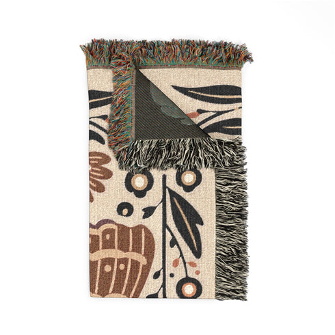 Folk Art Moth Blanket Earth Tone Botanical Woven Blanket