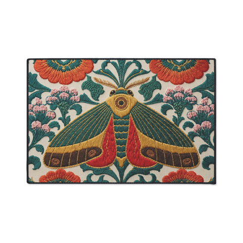 Rectangular low profile doormat printed on a cream ground with a faux embroidery effect that imitates raised satin stitch. A large symmetrical moth sits at the center with teal green wings, mustard yellow upper edges, and deep red lower wing markings. Surrounding it are oversized burnt orange and red blooms, winding green foliage, and clusters of small pink flower buds. A solid black trim frames all four edges of the flat, one sided printed surface.