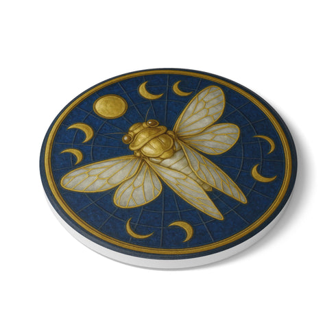 Round ceramic coaster featuring a central gold cicada and moon-phase design on a deep blue glazed surface; smooth ceramic top with natural cork backing for non-slip protection; 4-inch diameter, suitable for hot or cold drinks, easy to wipe clean, ideal for mystical, botanical, or occult-inspired home décor.