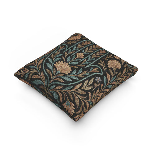 A 17x18 inch rectangular woven tapestry pillow featuring a golden Hamsa hand motif surrounded by embroidered botanical designs in teal, gold, and green on a dark green background. The double-sided pillow is filled with plush poly fill and sewn shut for a seamless finish. Crafted from a blend of 58% cotton and 42% polyester yarns, this decorative cushion is ideal for spiritual homes, altar decor, or whimsical, folklore-inspired living spaces.