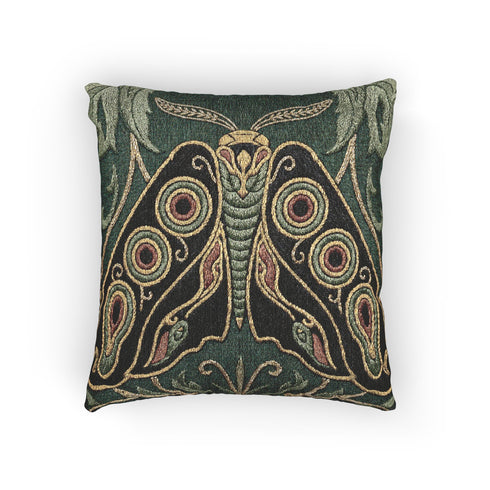 A Grimoire and Goblet heirloom woven pillow featuring a large, symmetrical Art Nouveau Emperor Moth design. The moth is woven in textured threads of midnight black, burnished gold, and rust terracotta against a deep sage forest green background. Four prominent eye-spot patterns adorn the wings, framed by stylized botanical acanthus leaves in the upper corners. Double-sided tapestry fabric with a rich, tactile surface. No printed ink; purely woven structure.