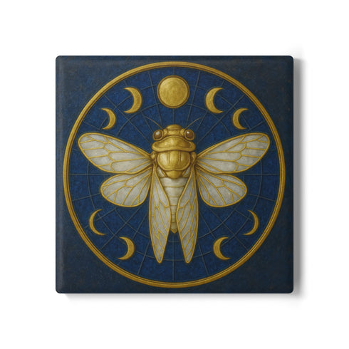 Round ceramic coaster featuring a central gold cicada and moon-phase design on a deep blue glazed surface; smooth ceramic top with natural cork backing for non-slip protection; 4-inch diameter, suitable for hot or cold drinks, easy to wipe clean, ideal for mystical, botanical, or occult-inspired home décor.