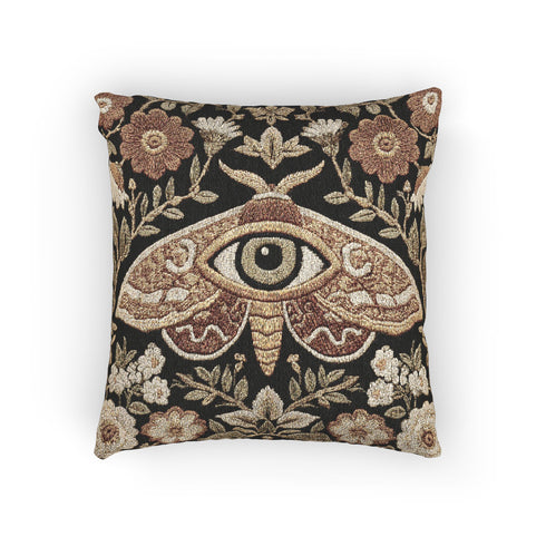 Woven tapestry pillow, 17" x 18", featuring a central moth with an eye and vintage florals in cream, rust, and olive on a black ground. Artisan-woven of 58% cotton, 42% polyester; stuffed with soft polyfill. Sewn-shut closure; double-sided pattern for full visibility. Botanical, symbolic woven pillow—folklore-inspired accent for couches, reading nooks, or beds.