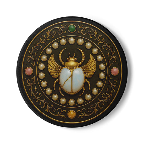 Round ceramic coaster with a cork backing, featuring an ornate scarab beetle design surrounded by gold scrollwork, pearls, and gemstone accents in a circular motif.