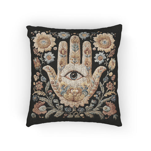 Mystical hamsa hand decorative woven pillow featuring intricate tapestry-style design with protective eye symbol surrounded by delicate floral motifs in warm earth tones including golden amber, soft blues, coral pinks, and sage greens against rich black background, expertly crafted from cotton-polyester blend with fine weaving technique, measuring 17x18 inches, USA-made double-sided throw pillow perfect for bohemian spiritual home decor, meditation spaces, or eclectic living rooms seeking meaningful artisti