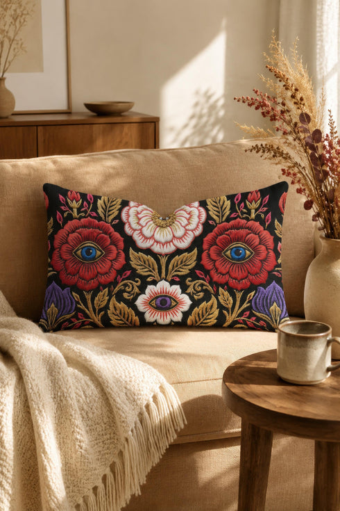 Evil eye lumbar pillow cover in black featuring a symmetrical folk art floral print. Two crimson red roses hold bright blue eyes at their centers, a white blossom below cradles a violet purple eye, and antique gold leaves, scrollwork, and pink buds frame the design. Purple tulips anchor the lower corners. Rectangular 20 x 12 inch cushion case with a hidden zipper and the double sided embroidered look design printed on smooth, soft, linen feel polyester fabric.