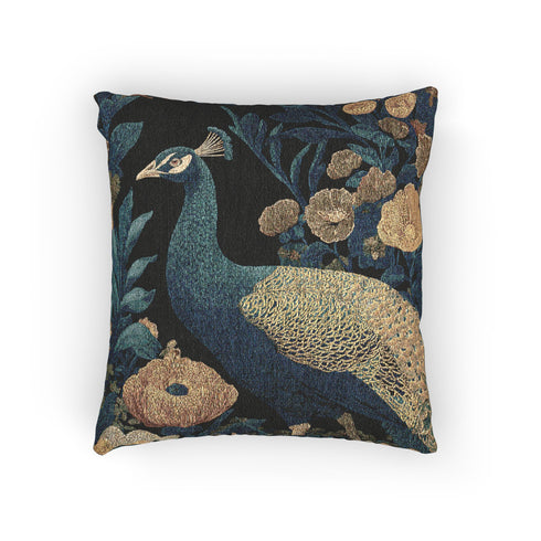 Elegant peacock woven pillow featuring detailed turquoise and teal peacock surrounded by vintage botanical florals in golden amber and bronze tones against navy background, expertly crafted from cotton-polyester blend with fine weaving technique, measuring 17x18 inches, USA-made double-sided throw pillow perfect for bohemian home decor, living rooms, or nature-inspired interior design seeking sophisticated artistic accent pieces