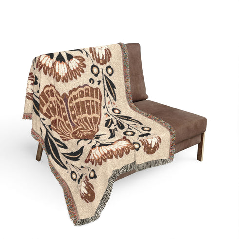 Folk Art Moth Blanket Earth Tone Botanical Woven Blanket