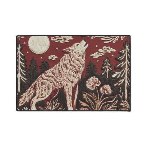 A rectangular Grimoire and Goblet doormat featuring a howling wolf standing in a dark forest under a full cream moon. The design utilizes a rust red and deep brown color palette with a high-fidelity 2D print technique that mimics the texture of vintage tapestry needlepoint. Stylized pine trees and forest flora surround the wolf. The mat has black trim and is made of smooth polyester, creating a rustic cottagecore aesthetic without actual raised threads or embroidery.
