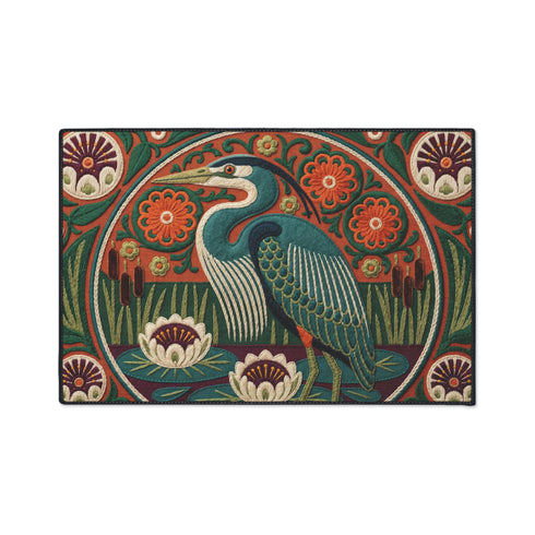 Rectangular low profile doormat printed with a faux embroidery effect that mimics raised crewel stitching. A tall teal blue heron stands at the center among olive green reeds, cattails, and cream water lilies. The rust orange ground is filled with curving botanical vines and small floral medallions, framed by a thin circular border with decorative sunburst corners. A sleek solid black rubber trim finishes all four edges of the one sided print.