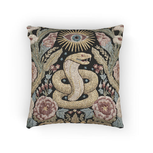 Grimoire and Goblet Celestial Serpent woven tapestry pillow close up. A luxurious black jacquard cushion features a golden coiled snake and All-Seeing Eye surrounded by sage green foliage and stars. The texture is thick and woven, not printed. The serpent scales shimmer in gold thread against a dark charcoal background. Double sided Gothic home decor pillow measuring 17x18 inches. Perfect for Dark Academia, Whimsigoth living rooms, and Year of the Snake 2025 decor.