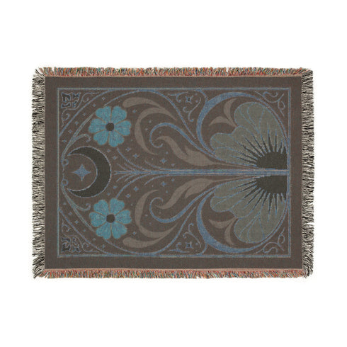 Art Nouveau Celestial Moon Throw Blanket - Gothic Botanical Decor - Woven Cotton Art Tapestry