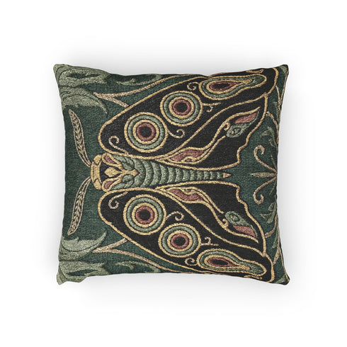 A Grimoire and Goblet heirloom woven pillow featuring a large, symmetrical Art Nouveau Emperor Moth design. The moth is woven in textured threads of midnight black, burnished gold, and rust terracotta against a deep sage forest green background. Four prominent eye-spot patterns adorn the wings, framed by stylized botanical acanthus leaves in the upper corners. Double-sided tapestry fabric with a rich, tactile surface. No printed ink; purely woven structure.