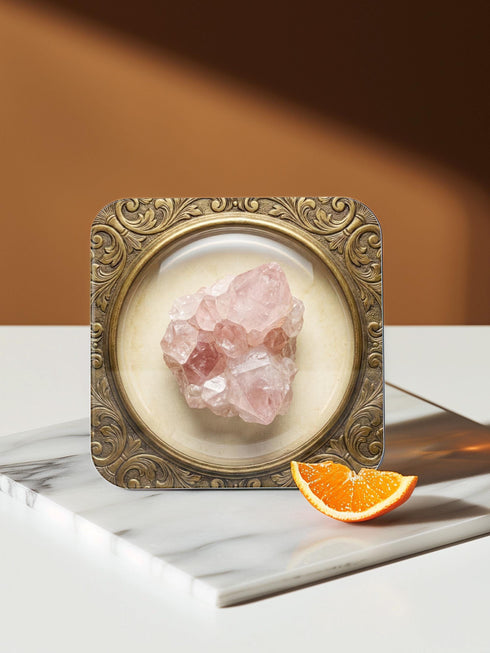 Grimoire and Goblet set of four square glossy coasters featuring high-resolution printed illustrations of raw crystals: purple amethyst, pink rose quartz, iridescent labradorite, and banded agate. Each gemstone is depicted inside a printed faux antique brass baroque frame with intricate scrollwork, set against a cream parchment background. The design is a flat 2D trompe l'œil print on hardboard, creating a realistic 3D specimen box illusion.