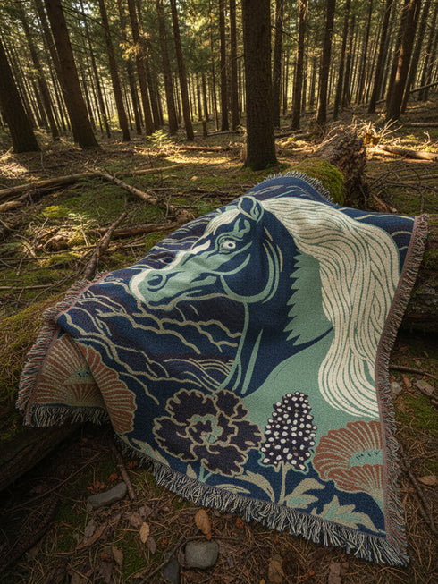 A Grimoire and Goblet woven cotton blanket featuring a large, stylized horse head in sage green and teal against a deep midnight navy background with wave patterns. The bottom edge features woven floral motifs in rust orange and deep plum. The design is a jacquard weave, not printed, with visible thread texture and multi-colored fringe edges. Chinoiserie and Art Nouveau style equestrian tapestry throw.