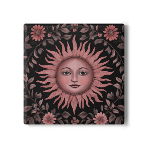 Celestial Rose Coaster – Ceramic Sun Face Square Beverage Protector