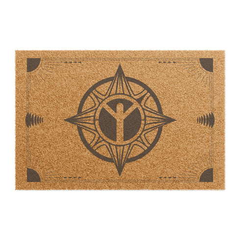 Natural tan coir doormat with large Algiz rune symbol inside an ornate compass design, surrounded by runic-inspired border elements, all in dark brown.
