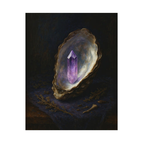 Fine art print featuring a glowing amethyst crystal emerging from an oyster shell, set against a dark, moody background. This archival giclée reproduction highlights painterly textures and luminous gemstone tones in a vintage baroque-inspired style. Ideal for gothic, magical, or dark academia interiors. Available in multiple sizes.