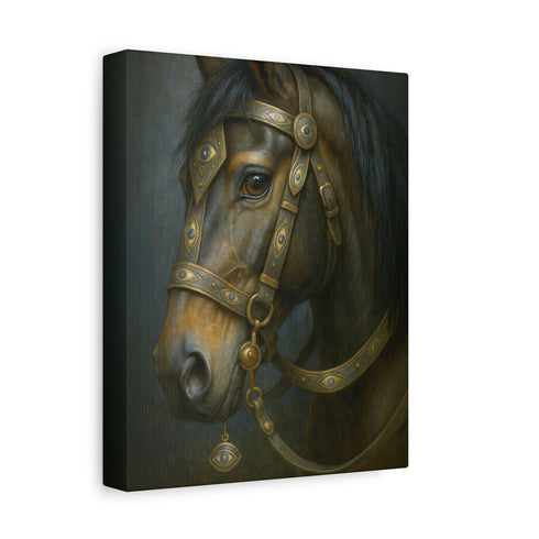A rectangular, vertical matte canvas print depicting a classical, painterly portrait of a horse's head in profile. The horse is a deep, dark brown with a flowing black mane. It is adorned with an ornate and intricate bridle made of dark leather and burnished gold metal plates, featuring detailed scrollwork. A small, eye-shaped charm with a blue center dangles from the bridle near the horse's cheek. The lighting is dramatic chiaroscuro, with a soft light illuminating the horse's face.