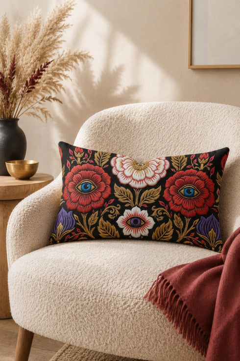 Evil eye lumbar pillow cover in black featuring a symmetrical folk art floral print. Two crimson red roses hold bright blue eyes at their centers, a white blossom below cradles a violet purple eye, and antique gold leaves, scrollwork, and pink buds frame the design. Purple tulips anchor the lower corners. Rectangular 20 x 12 inch cushion case with a hidden zipper and the double sided embroidered look design printed on smooth, soft, linen feel polyester fabric.