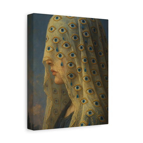 A rectangular matte canvas art print featuring a surrealist portrait of a woman in profile against a dark, cloudy sky. Her face is obscured by a delicate, translucent veil adorned with a repeating pattern of blue and gold all-seeing eyes. Several eyes are shedding deep blue tears that drip down the fabric. The artwork employs a classical, painterly style with a moody palette of blues, golds, and deep shadows, evoking a gothic and enigmatic atmosphere.