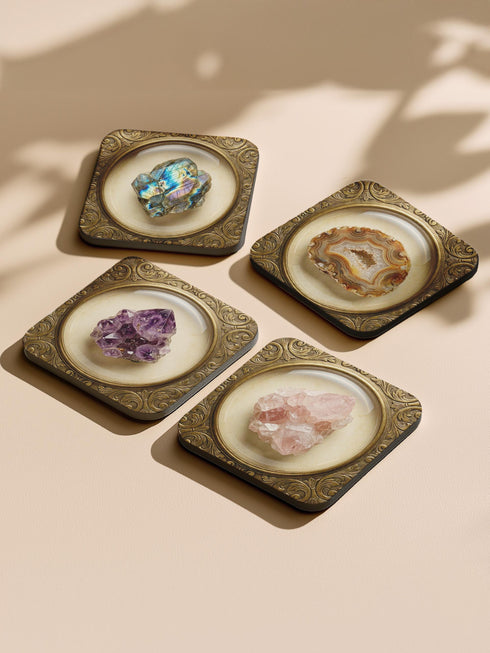 Raw Crystal Coaster Set Antique Gold Frame Art
