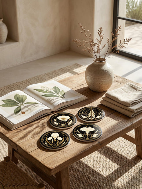 A set of four round 4-inch ceramic coasters featuring a glossy 2D flat-printed Art Deco botanical design. Each coaster displays a different cream-colored flower including a moonflower, foxglove, poppy, and iris, set against a solid black background. The floral motifs are framed by intricate gold linework, crescent moons, four-pointed stars, and mystical symbols like a candle and an all-seeing eye. The coasters have a smooth white edge and are finished with a natural brown cork backing.