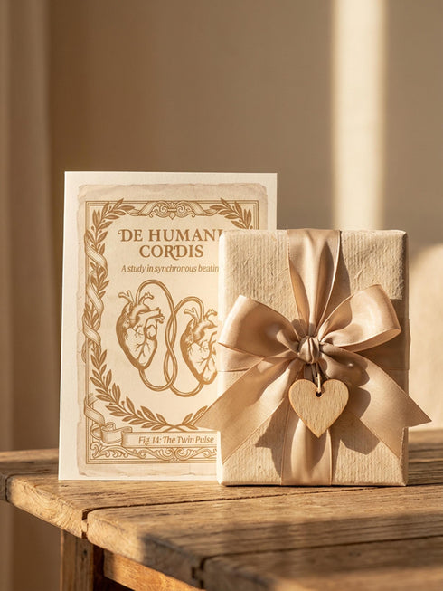 A vintage-style greeting card titled "DE HUMANI CORDIS" featuring a medical illustration of two anatomical hearts connected by a single looped blood vessel. The hearts are drawn in a sepia and crimson woodcut style on a cream background mimicking aged parchment. Text below reads "Fig. 14: The Twin Pulse." The card evokes a dark academia or cottagecore aesthetic. Inside text reads "Two different beats, one shared rhythm.